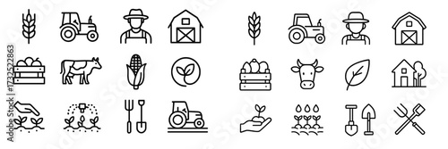 Collection of line icons illustrating farming activities and elements on a light background