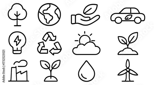 Icons representing sustainability and environmental protection concepts in a minimalistic style