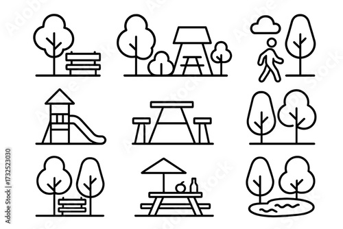 Playful park scene with various activities and elements in a recreational area during a sunny day