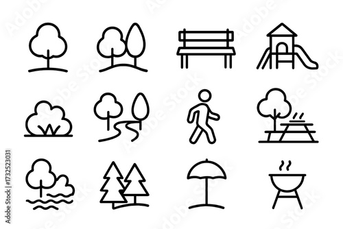 Various simple illustrations depicting outdoor park elements, including trees, benches, and a playground for recreational activities