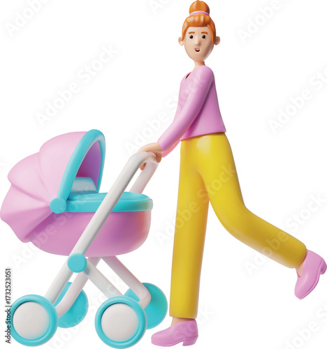 Mother is walking with a stroller, baby carriage, vector 3D plastic style happy motherhood, newborn outdoor activity