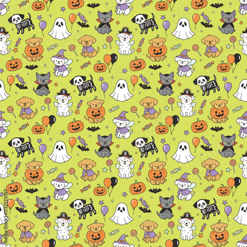 Happy halloween party seamless pattern background with lovely puppy dog wearing halloween costume, carved pumpkin and spooky bat. Holidays cartoon character. -Vector