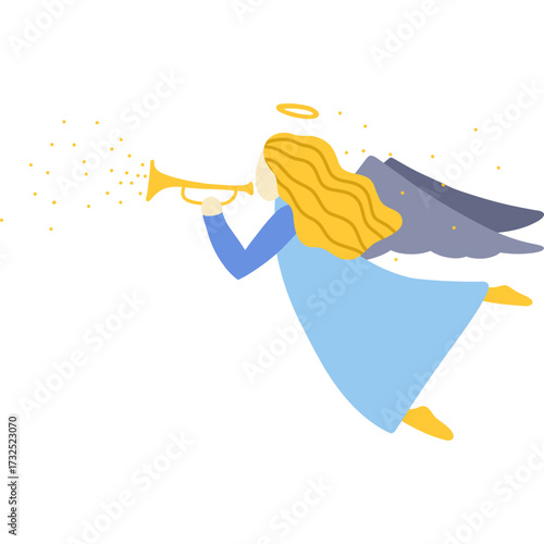 A flying angel blowing a trumpet. Traditional Christmas symbol, vector illustration.
