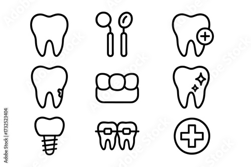 Various dental icons representing oral health, tools, and treatments for patient care and dental hygiene practices
