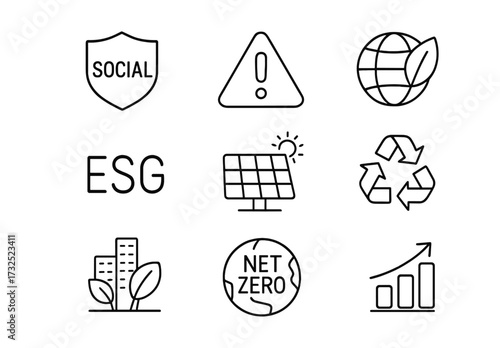 Icons representing sustainability, social responsibility, and environmental goals featuring ESG, net zero, and renewable energy symbols