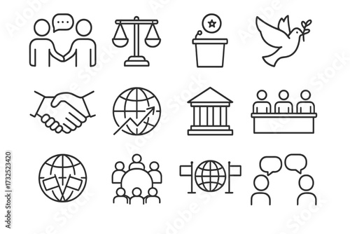 Symbols of peace, justice, and collaboration represented through various icons in a clear layout