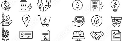 Collection of simple icons depicting energy efficiency, sustainability, and financial savings in modern business practices