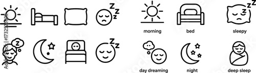 Icons depicting sleep and wakefulness in daily routines, illustrating transitions from night to morning and the concept of daydreaming