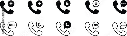 Phone call icon set, communication symbol collection, handset with arrows, secure call, hidden call, video chat icon, speech bubble, vector design, UI graphic