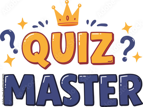 quiz master playful vector text design with crown question marks and star elements