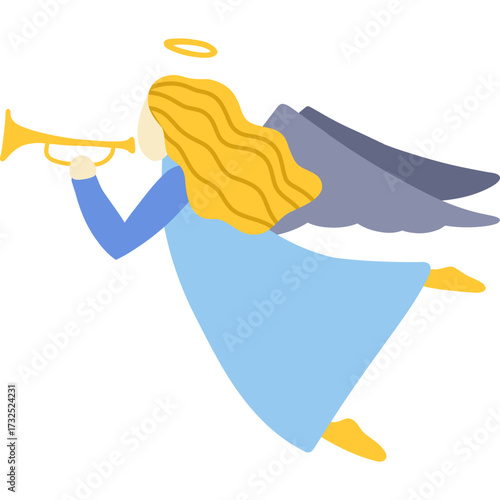 A flying angel blowing a trumpet. Traditional Christmas symbol, vector illustration.