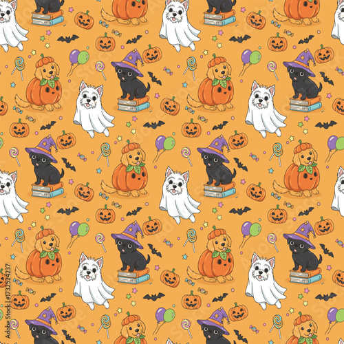 Happy halloween party seamless pattern background with lovely puppy dog wearing halloween costume, carved pumpkin and spooky bat. Holidays cartoon character. -Vector