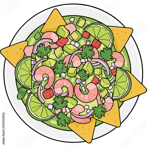 A bowl of fresh and delicious shrimp ceviche with tortilla chips. This traditional Latin American seafood appetizer is illustrated with lime, avocado, onion, and cilantro.