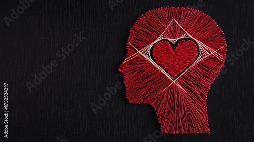 A creative representation of a human head silhouette filled with string art, featuring a heart at the center, symbolizing emotion and thought.