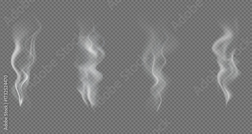 Realistic steam or smoke on hot tea, coffee, food. PNG Stock royalty free. transparent background Vector set