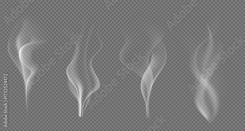 Realistic steam or smoke on hot tea, coffee, food. PNG Stock royalty free. transparent background Vector set