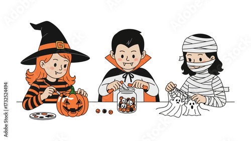 Spooky Trio Halloween Fun:  A delightful illustration of three children, dressed in festive Halloween costumes. They engage in a crafting activity, creating a spirited and heartwarming scene. 