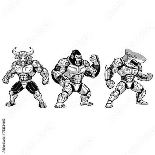 Three humanoid mascots side by side with futuristic visor in armor muscular humanoid bodies esport mascot style, flat black and white vector, no gradients