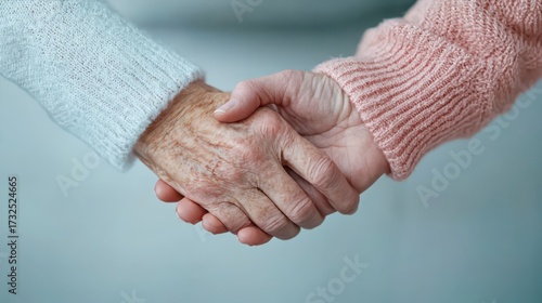 A close-up of two hands clasping each other, showcasing aged skin and soft textures, symbolizing connection and warmth.