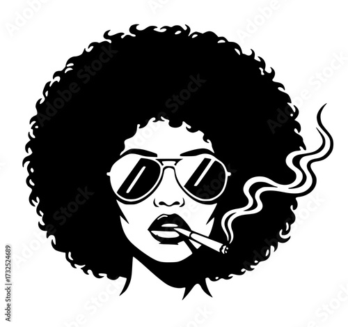 Profile of a woman with large afro, sunglasses, and a cigarette, retro, confident, vintage, cool, rebel