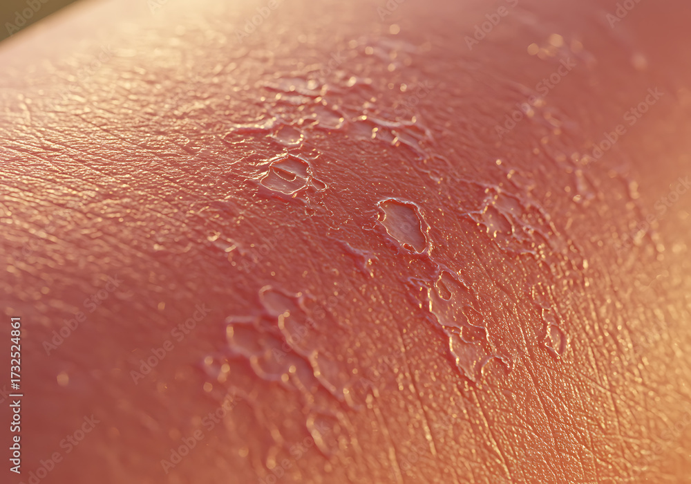 Fototapeta premium A detailed macro view of red, sunburned skin peeling after excessive sun exposure.