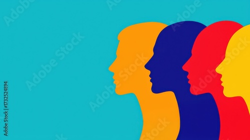 A colorful illustration of profile silhouettes in various hues against a blue background, symbolizing diversity and unity.