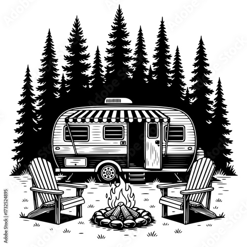 Vintage Camper Trailer Campground Scene with Campfire and Adirondack Chairs, camping, trailer, forest, adventure, travel