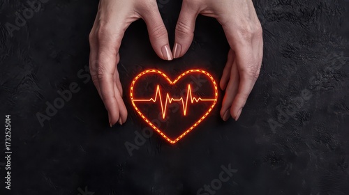 A pair of hands forms a heart shape around a glowing heartbeat graphic against a dark background, symbolizing love and health.
