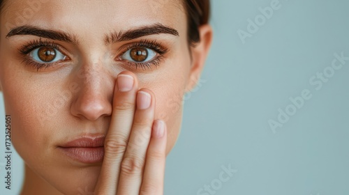 A close-up of a young woman with expressive brown eyes, gently touching her face, conveying a sense of contemplation or vulnerability.