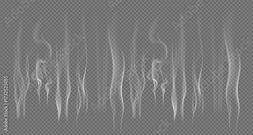 Realistic steam or smoke on hot tea, coffee, food. PNG Stock royalty free. transparent background Vector set