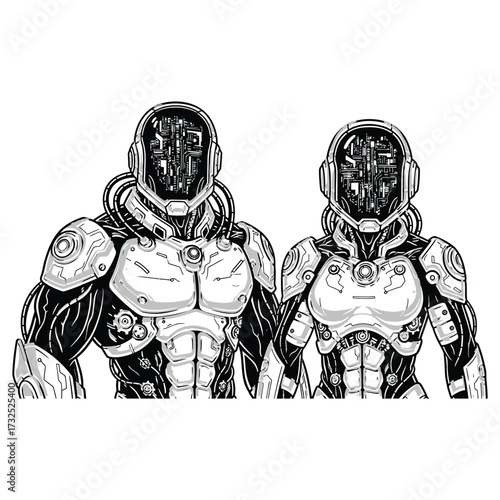 Two humanoid mascots standing together heavy futuristic armor  muscular humanoid bodies
