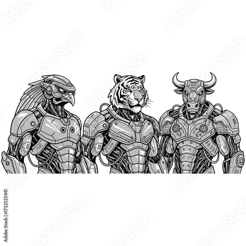 Three humanoid mascots side by side with futuristic visor in armor muscular humanoid bodies esport mascot style, flat black and white vector, no gradients