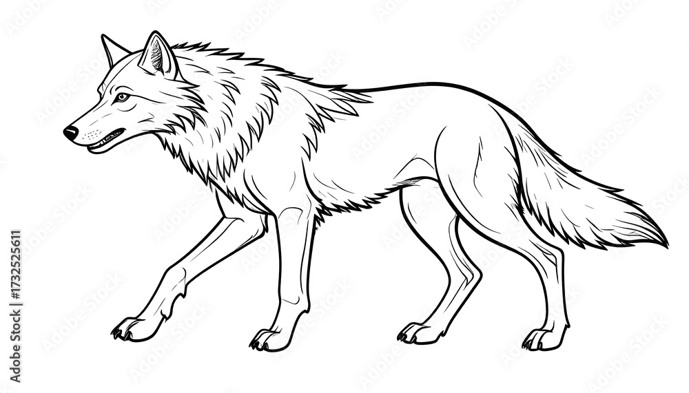 Obraz premium A detailed black and white line art illustration of a walking wolf. It depicts the animal's side profile with intricate fur and anatomical details
