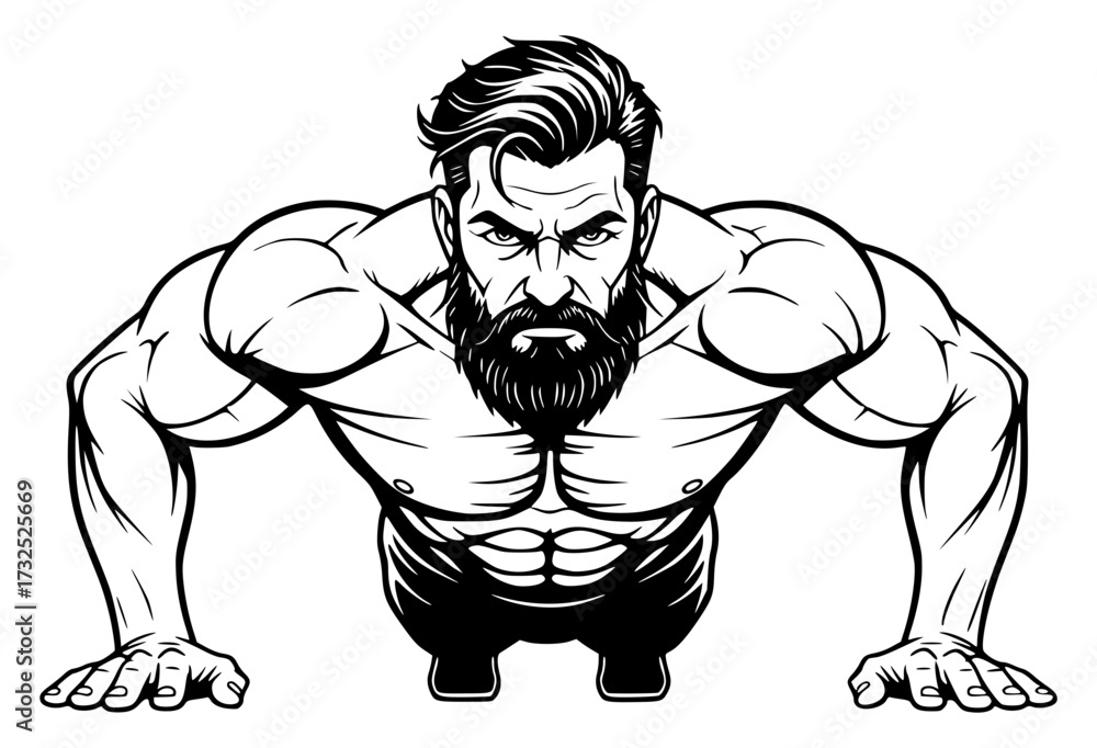 Fototapeta premium Muscular Bearded Man Doing Push Up Workout Line Art, workout, fitness, push up, muscular, gym