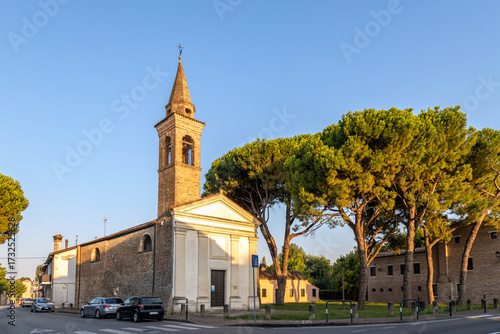 Obraz na płótnie Chiesa di San Nicolo Vescovo church with bell tower and trees in Piove di Sacco,