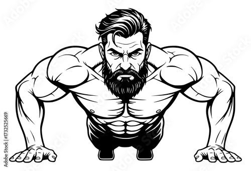 Muscular Bearded Man Doing Push Up Workout Line Art, workout, fitness, push up, muscular, gym