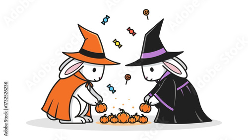 Halloween Rabbit Gathering: Two adorable rabbits, costumed for Halloween, gather pumpkins and candies in a vibrant illustration of the autumn holiday spirit.