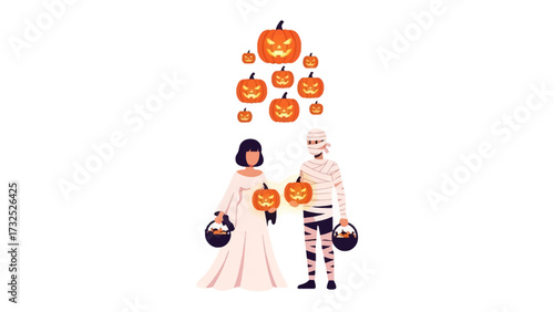 Spooky Gathering: A festive Halloween scene with costumed figures surrounded by grinning pumpkins, epitomizing the spirit of All Hallows' Eve.