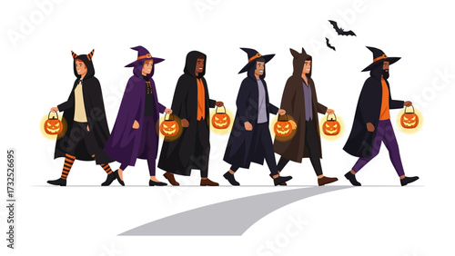 Halloween Procession: A whimsical depiction of individuals in Halloween costumes, each carrying a glowing pumpkin lantern, embodies the spirit of autumn and festive traditions.