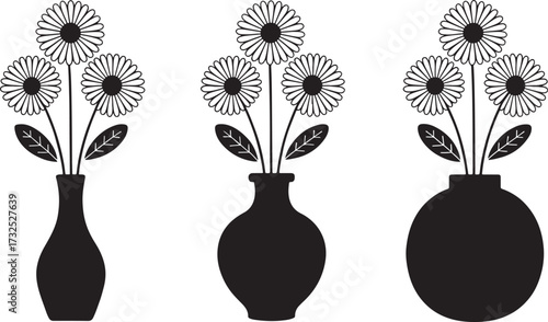 Black and white flower vases with geometric floral designs in modern symmetrical silhouette vector style.