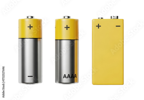 Ultra-realistic studio photo of AA, AAA, and 9V batteries with yellow tops, silver-grey bodies, and distinct terminals on a transparent background, soft shadows, Concept of essential energy sources
