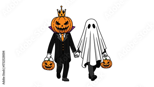 Halloween Duo: A whimsical depiction of a spectral entity and a regal jack-o'-lantern, hands clasped, promenading into the twilight, carrying treat-filled bags.