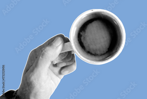 close up of hand holding a cup of coffee pixelate grayscale color halftone dotted texture style collage element isolated on blue background