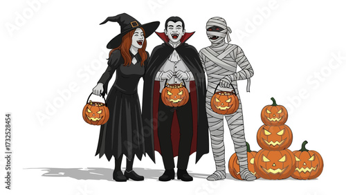 Spooky Halloween Party: A vivid cartoon captures a fun Halloween scene, with a witch, a vampire, and a mummy holding pumpkin baskets, ready for a night of trick-or-treating.