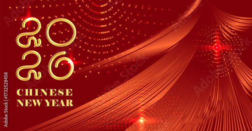 2026 Chinese New Year card. Red and golden china card. Abstract gradient bg with new year tree, firework, circle ornament. Asian holiday template. Vector illustration for oriental design