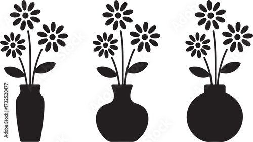 Black and white flower vases with geometric floral designs in modern symmetrical silhouette vector style.