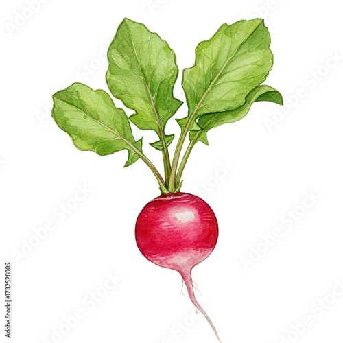 Watercolor radish with vibrant green leaves and delicate root detail isolated on white background