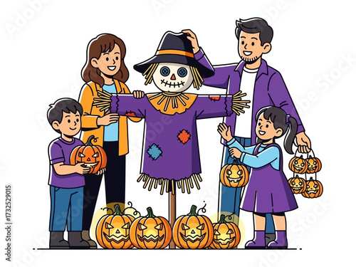 Family Gathering: Celebrating the joy of Halloween, this illustration showcases a cheerful family, adorned with costumes and holding pumpkins. It is an adorable illustration.