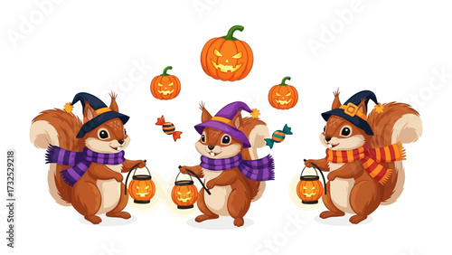 Halloween Squirrels' Gathering: A charming, cartoonish scene of three festive squirrels dressed in Halloween costumes, each carrying a glowing lantern and surrounded by carved pumpkins and candy.
