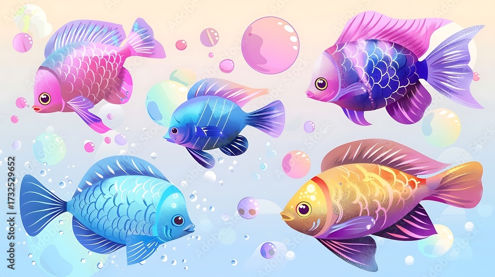 Naklejka premium Enchanting Underwater World: A whimsical journey with colorful fish and iridescent bubbles